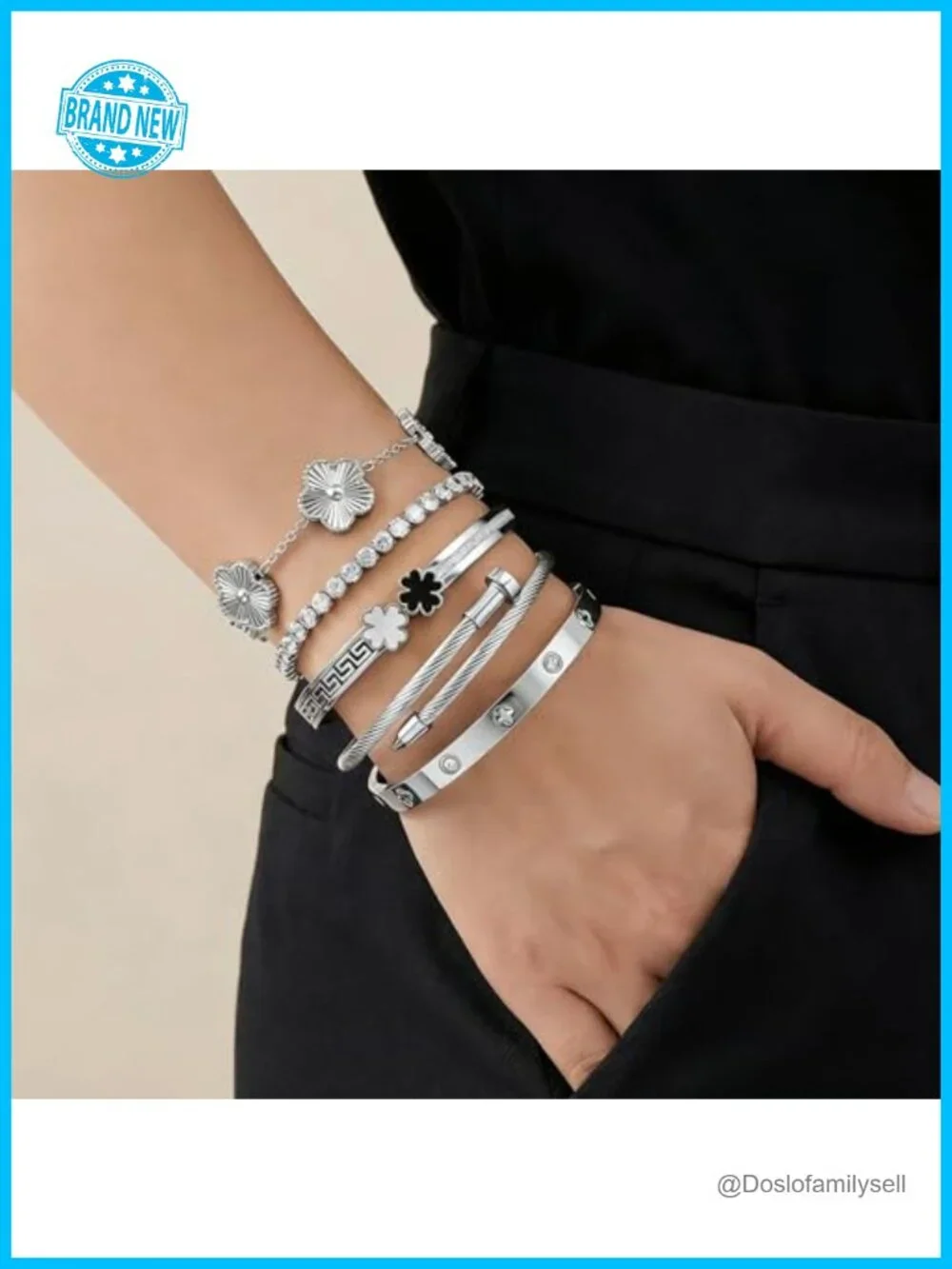 Stackable Bangle Bracelets Set Stainless Steel Non Tarnish Clover Charm